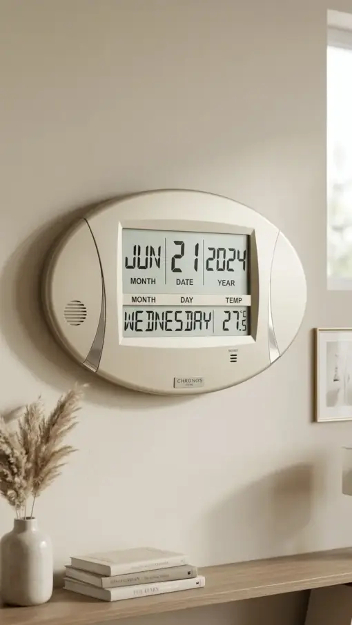 A modern wall clock with a stylish oval design, displaying information on a large, clear digital screen.