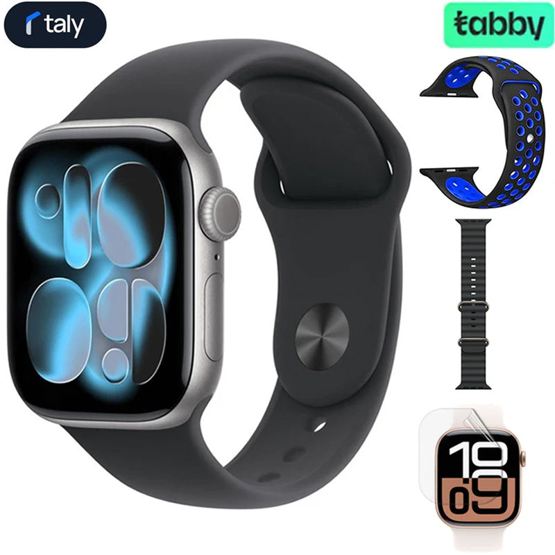 Apple Watch Series 11, 42mm, Space Grey Aluminium Case, Black Sport Band, (GPS) + Nike Band + Ocean Band + Screen Protector
