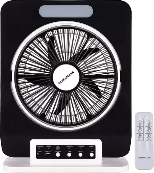 Rechargeable battery fan with remote control, 10 hours of operation, includes 5 blades and LED light