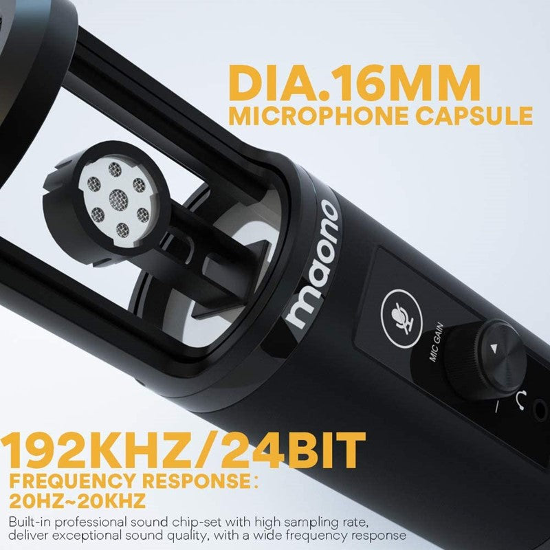 Maonocaster AU-PM422 USB Microphone Stand With Zero Latency Monitoring Professional Cardioid Condenser Microphone with Touch Mute Button and Mic Gain Button for Recording, Podcasting - Black - Image 2