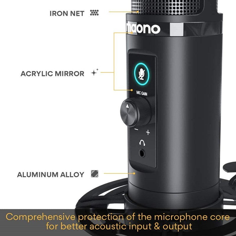 Maonocaster AU-PM422 USB Microphone Stand With Zero Latency Monitoring Professional Cardioid Condenser Microphone with Touch Mute Button and Mic Gain Button for Recording, Podcasting - Black - Image 5