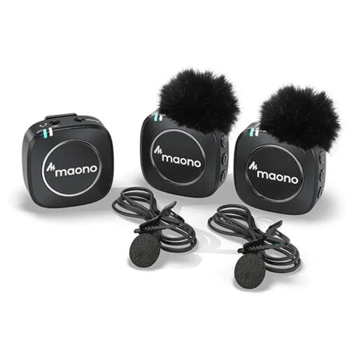 Maonocaster AU-WM820A2 Dual-Person Compact Wireless Lavalier Microphone 2.4GHz with Real-time Monitoring and 22-Level Gain Adjustment for Interview, Vlogging, Live Streaming, Phone, Camera - Black